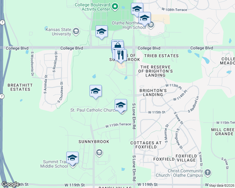 map of restaurants, bars, coffee shops, grocery stores, and more near 11401 South Millridge Street in Olathe