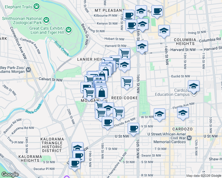 map of restaurants, bars, coffee shops, grocery stores, and more near 2464 Ontario Road Northwest in Washington