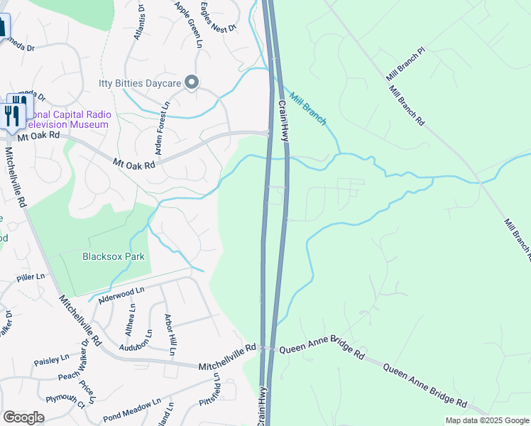 map of restaurants, bars, coffee shops, grocery stores, and more near Crain Highway in Bowie