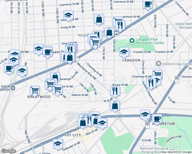 map of restaurants, bars, coffee shops, grocery stores, and more near 1520 Montana Avenue Northeast in Washington