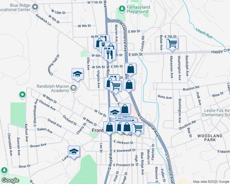 map of restaurants, bars, coffee shops, grocery stores, and more near 235 Chester Street in Front Royal