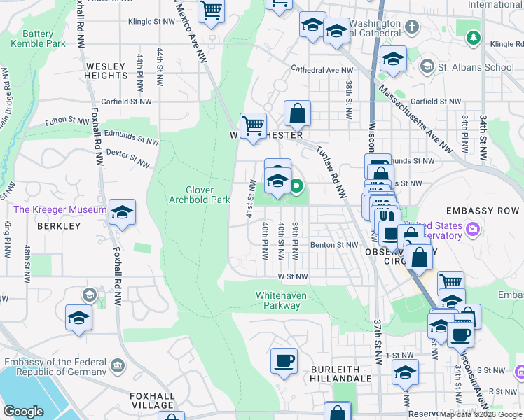 map of restaurants, bars, coffee shops, grocery stores, and more near 4020 Calvert Street Northwest in Washington