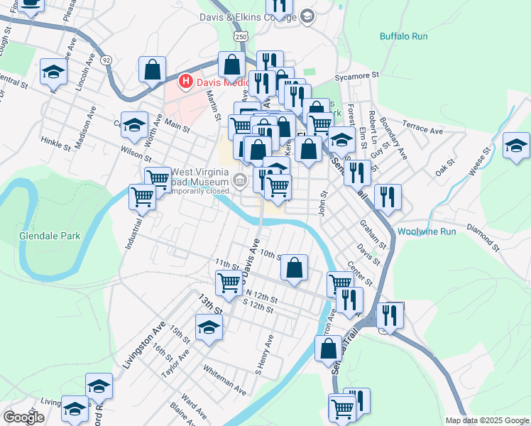 map of restaurants, bars, coffee shops, grocery stores, and more near 939 South Davis Avenue in Elkins