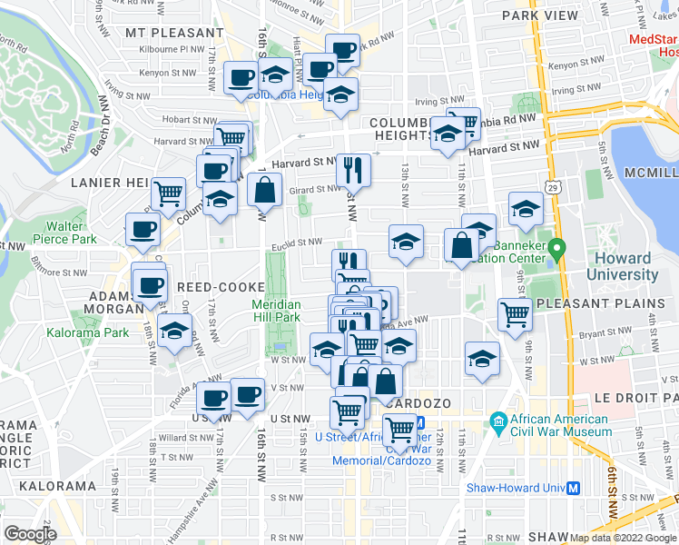 map of restaurants, bars, coffee shops, grocery stores, and more near 1420 Clifton Street Northwest in Washington