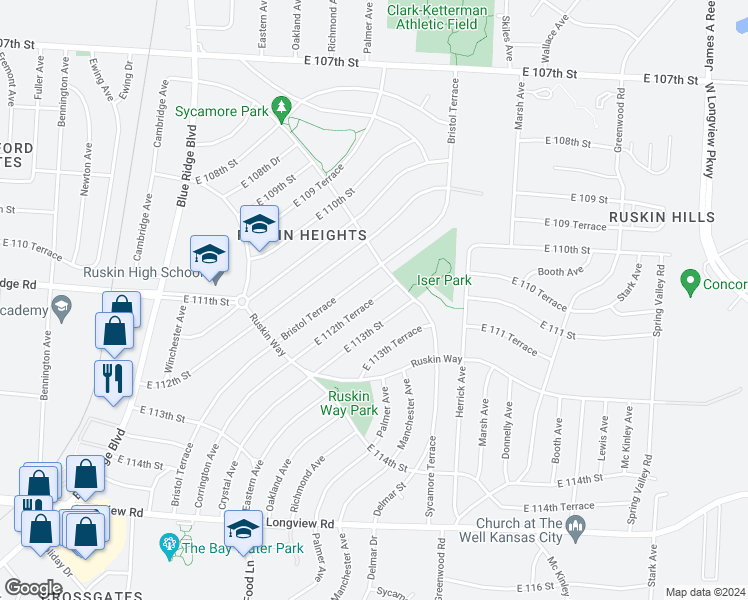map of restaurants, bars, coffee shops, grocery stores, and more near 7703 East 112 Terrace in Kansas City