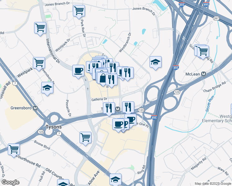 map of restaurants, bars, coffee shops, grocery stores, and more near 1800 Tysons Boulevard in McLean