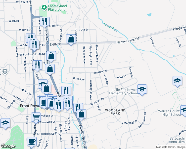 map of restaurants, bars, coffee shops, grocery stores, and more near 703 Braxton Road in Front Royal