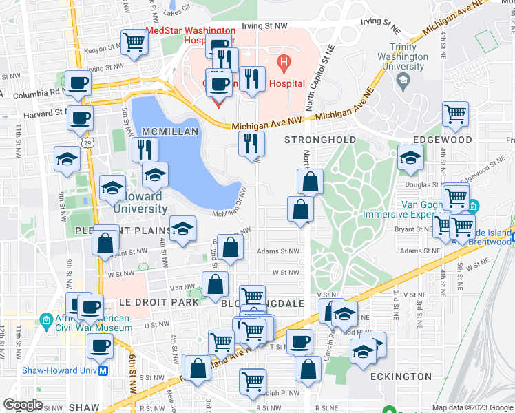 map of restaurants, bars, coffee shops, grocery stores, and more near 1st Street Northwest & Channing Street Northwest in Washington