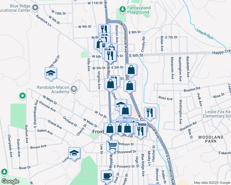 map of restaurants, bars, coffee shops, grocery stores, and more near 235 Chester Street in Front Royal