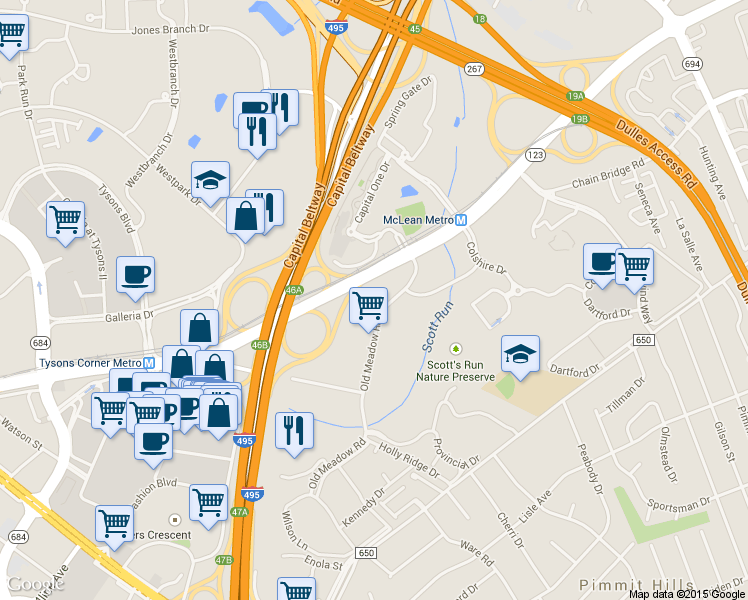 map of restaurants, bars, coffee shops, grocery stores, and more near 1700 Old Meadow Road in McLean