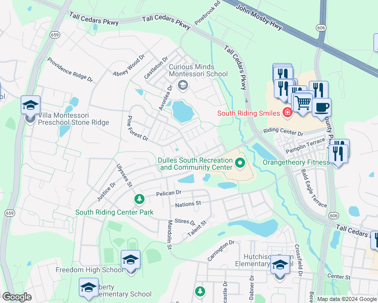 map of restaurants, bars, coffee shops, grocery stores, and more near 42595 Pine Forest Drive in Chantilly
