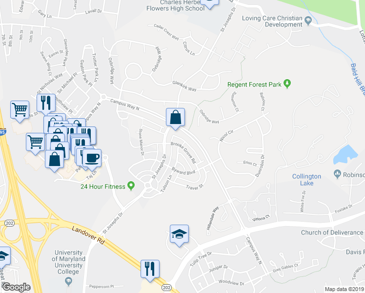 map of restaurants, bars, coffee shops, grocery stores, and more near 2608 Brooke Grove Road in Bowie