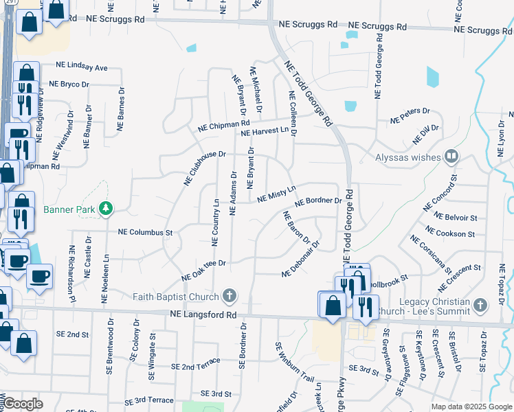 map of restaurants, bars, coffee shops, grocery stores, and more near 522 Northeast Bordner Drive in Lee's Summit