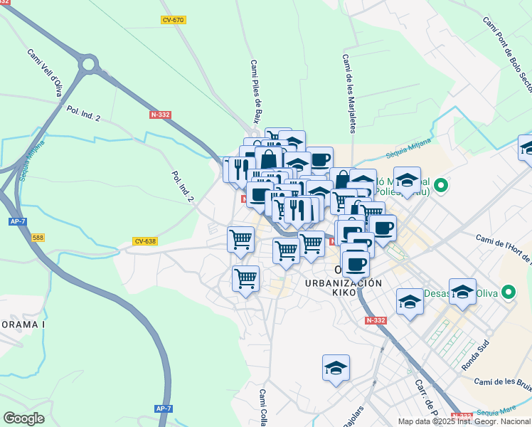 map of restaurants, bars, coffee shops, grocery stores, and more near 16 Carretera de Gandia in Oliva