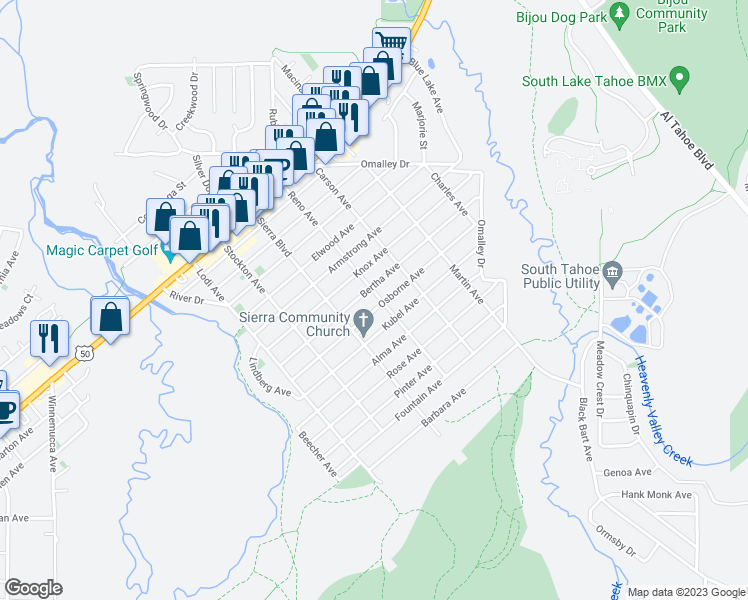 map of restaurants, bars, coffee shops, grocery stores, and more near 1146 Reno Avenue in South Lake Tahoe