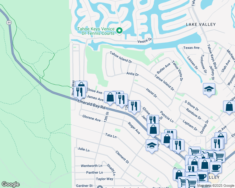 map of restaurants, bars, coffee shops, grocery stores, and more near 2036 13th Street in South Lake Tahoe
