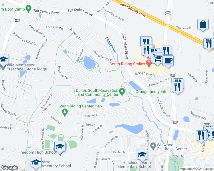 map of restaurants, bars, coffee shops, grocery stores, and more near 42657 Homefront Terrace in Chantilly