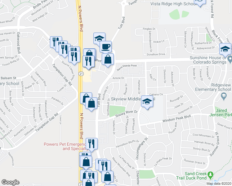 map of restaurants, bars, coffee shops, grocery stores, and more near 6236 Riverdale Drive in Colorado Springs