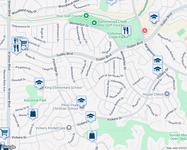 map of restaurants, bars, coffee shops, grocery stores, and more near 3680 Point of the Rocks Drive in Colorado Springs