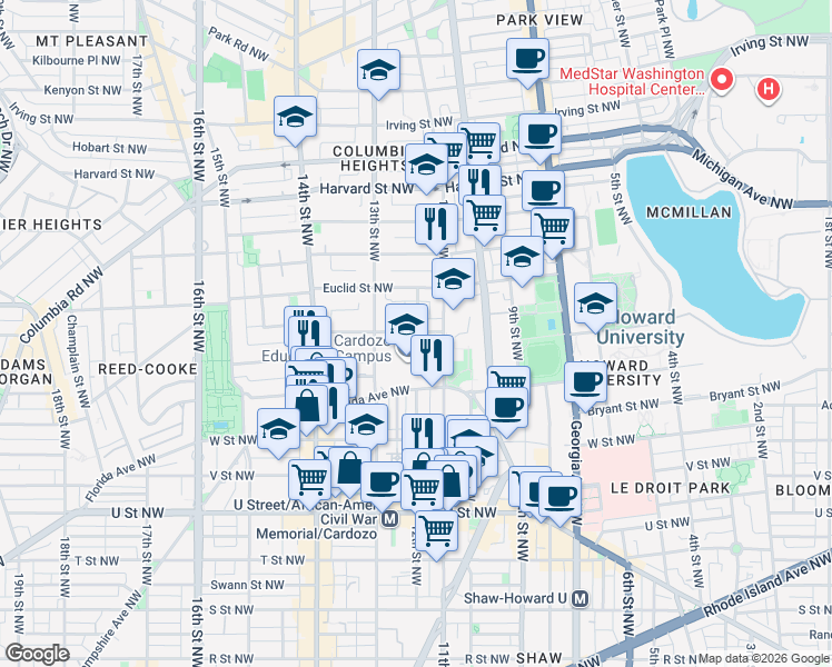 map of restaurants, bars, coffee shops, grocery stores, and more near 101 Independence Avenue Southeast in Washington