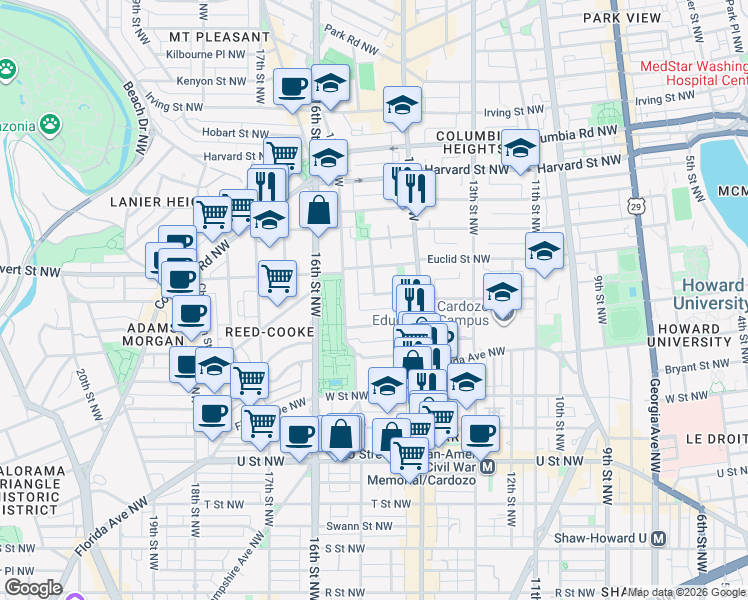 map of restaurants, bars, coffee shops, grocery stores, and more near 1428 Clifton Street Northwest in Washington