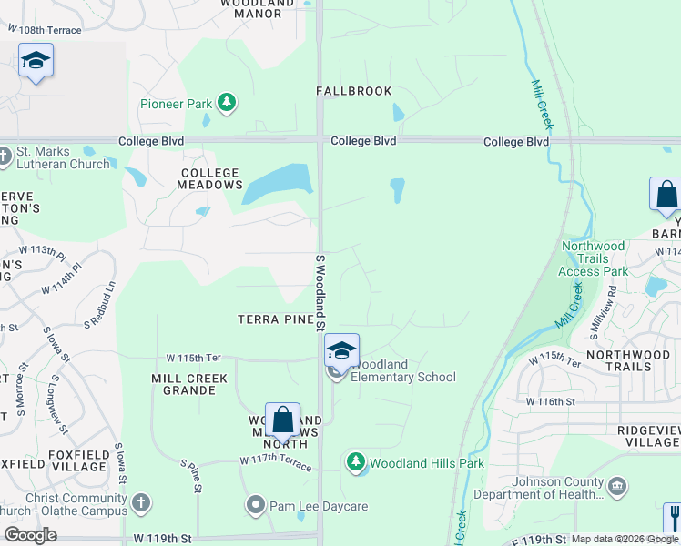 map of restaurants, bars, coffee shops, grocery stores, and more near 11377-11457 Woodland Avenue in Olathe