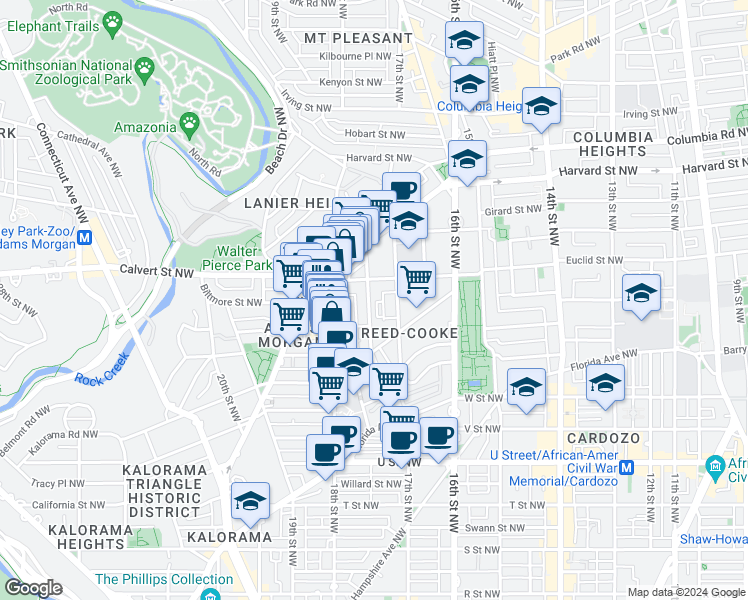 map of restaurants, bars, coffee shops, grocery stores, and more near 2429 Ontario Road Northwest in Washington