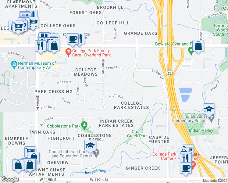 map of restaurants, bars, coffee shops, grocery stores, and more near 10916 West 115th Street in Overland Park