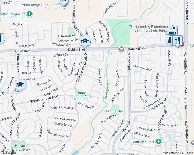 map of restaurants, bars, coffee shops, grocery stores, and more near 7205 Quiet Pond Place in Colorado Springs