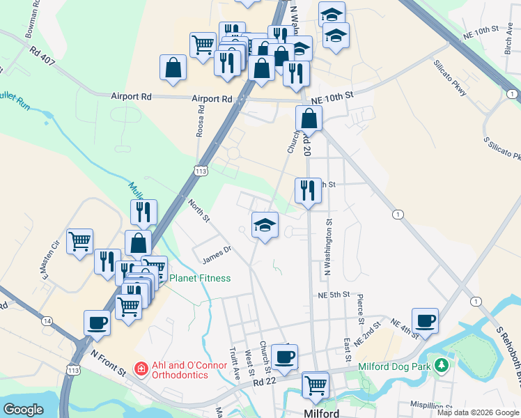 map of restaurants, bars, coffee shops, grocery stores, and more near 612 Church Street in Milford