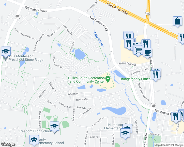 map of restaurants, bars, coffee shops, grocery stores, and more near 42645 Homefront Terrace in Chantilly