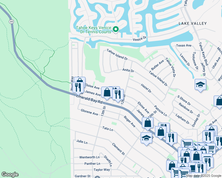 map of restaurants, bars, coffee shops, grocery stores, and more near 2040 13th Street in South Lake Tahoe