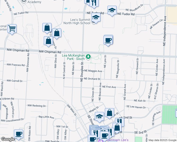map of restaurants, bars, coffee shops, grocery stores, and more near Northeast Maggie Avenue in Lee's Summit