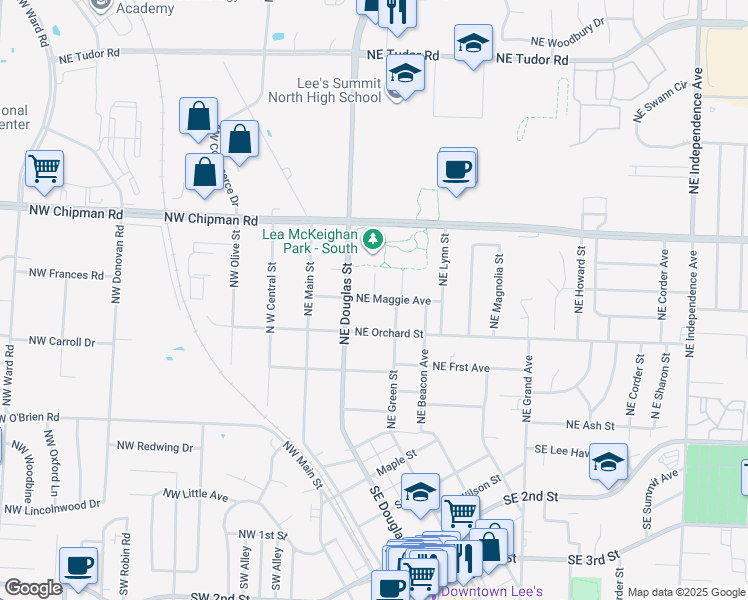 map of restaurants, bars, coffee shops, grocery stores, and more near Northeast Maggie Avenue in Lee's Summit