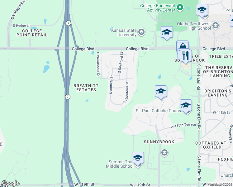 map of restaurants, bars, coffee shops, grocery stores, and more near 22484 West 113th Place in Olathe