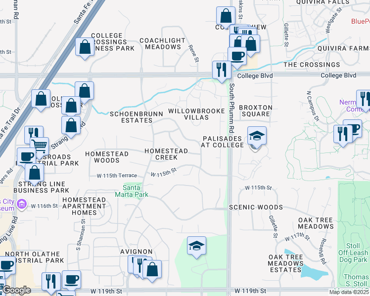 map of restaurants, bars, coffee shops, grocery stores, and more near 11382 Widmer Road in Lenexa