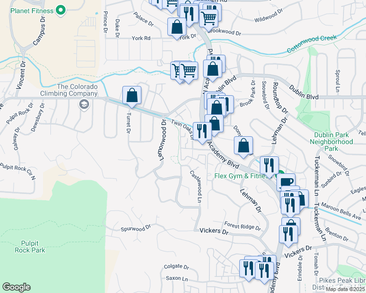 map of restaurants, bars, coffee shops, grocery stores, and more near 6252 Twin Oaks Drive in Colorado Springs
