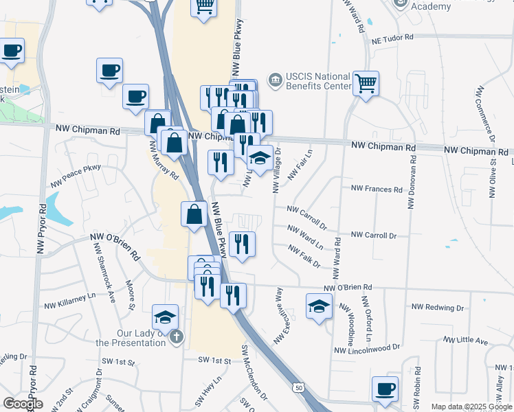 map of restaurants, bars, coffee shops, grocery stores, and more near 817 Northwest Park Lane in Lee's Summit