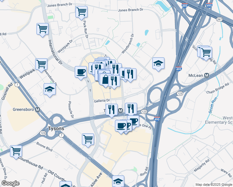 map of restaurants, bars, coffee shops, grocery stores, and more near 1800 Tysons Boulevard in McLean