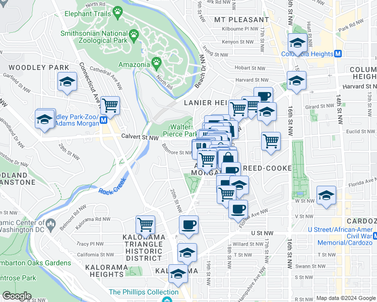 map of restaurants, bars, coffee shops, grocery stores, and more near 1919 Biltmore Street Northwest in Washington
