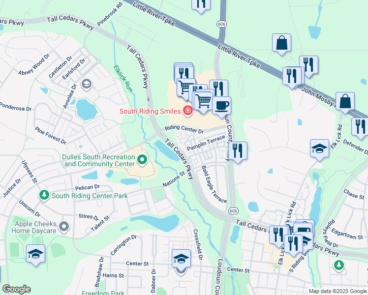 map of restaurants, bars, coffee shops, grocery stores, and more near 25123 Brodie Terrace in Chantilly