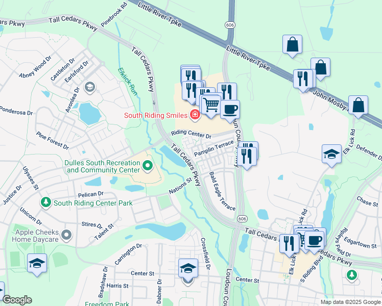 map of restaurants, bars, coffee shops, grocery stores, and more near 25123 Brodie Terrace in Chantilly