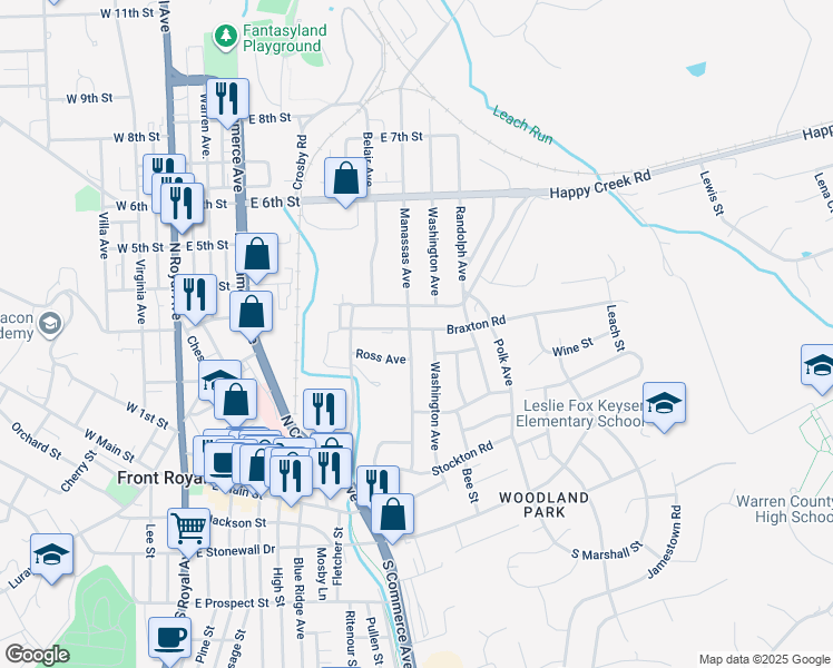 map of restaurants, bars, coffee shops, grocery stores, and more near 239 Manassas Avenue in Front Royal