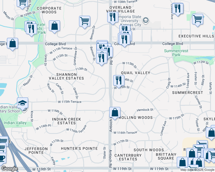map of restaurants, bars, coffee shops, grocery stores, and more near 8507 West 115th Street in Overland Park