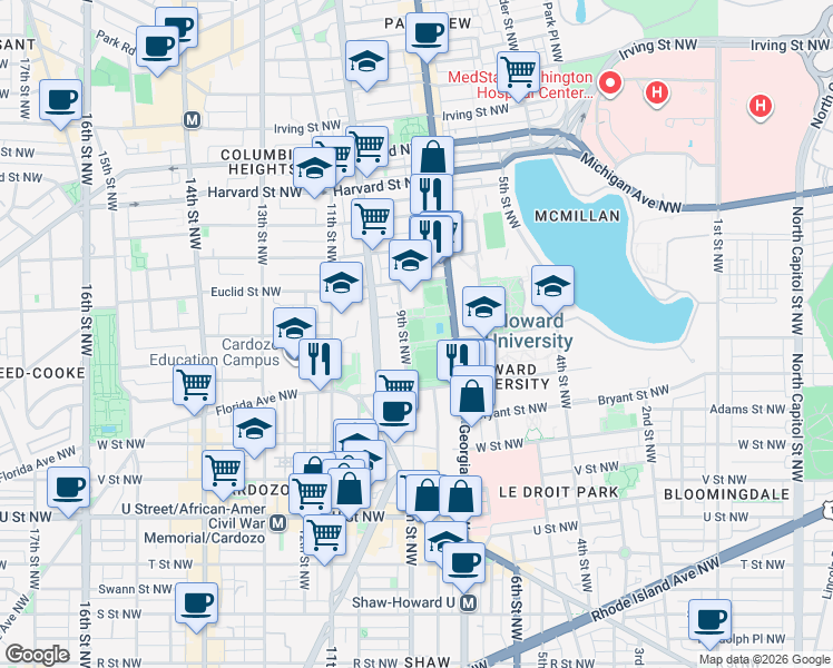 map of restaurants, bars, coffee shops, grocery stores, and more near 2520 Georgia Avenue Northwest in Washington