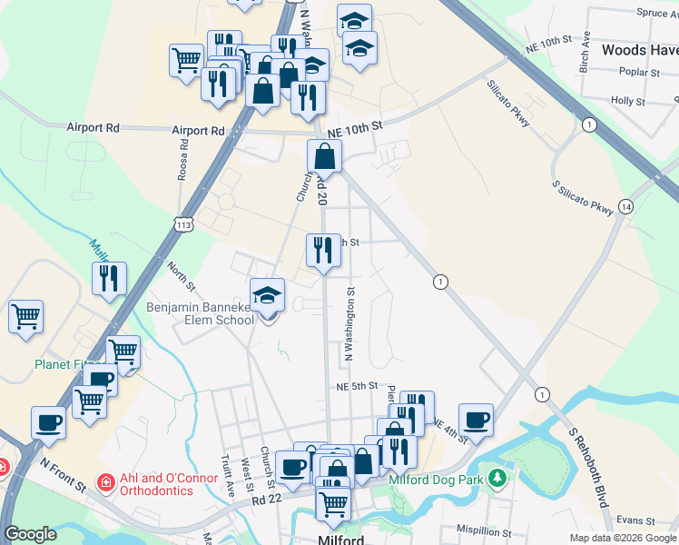 map of restaurants, bars, coffee shops, grocery stores, and more near 617 North Washington Street in Milford