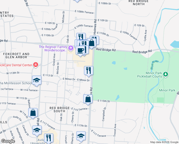 map of restaurants, bars, coffee shops, grocery stores, and more near 11224 Holmes Road in Kansas City