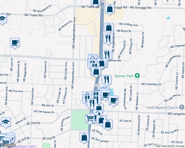map of restaurants, bars, coffee shops, grocery stores, and more near 610 Northeast 291 Highway in Lee's Summit