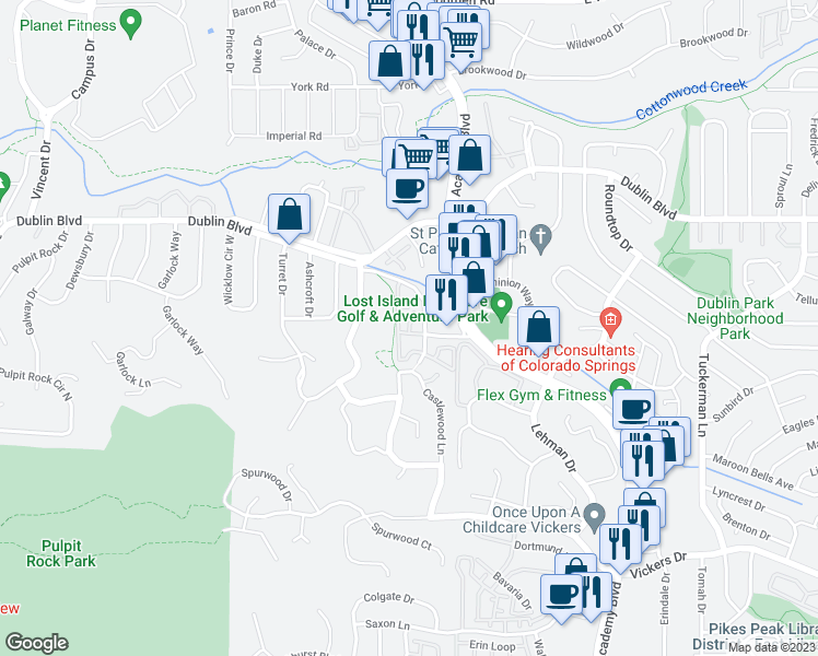 map of restaurants, bars, coffee shops, grocery stores, and more near 6252 Twin Oaks Drive in Colorado Springs