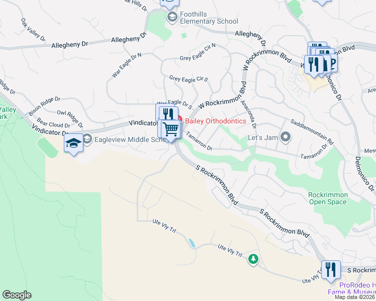 map of restaurants, bars, coffee shops, grocery stores, and more near 772 South Rockrimmon Boulevard in Colorado Springs